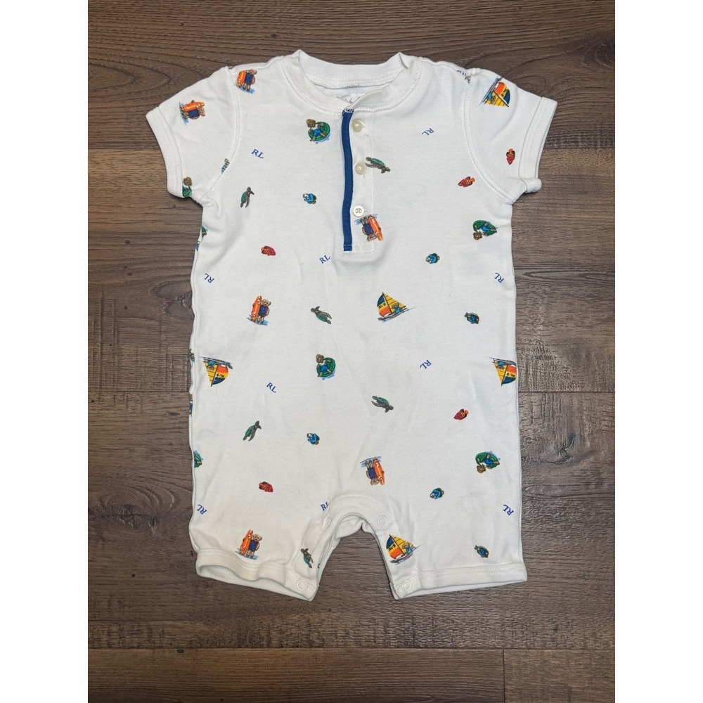 Ralph Lauren Baby Boys Nautical Polo Bear Sailboat Henley Romper White 9M